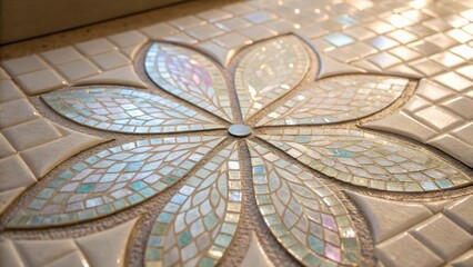Aufkleber - A closeup detail of a stylized floral motif formed with tiny iridescent mosaic tiles. The light dances across the surface revealing subtle shifts in color as the tiles catch the