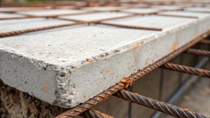 Aufkleber - A closeup detail of a concrete slabs edge where the texture transitions from smooth to co. Rusting steel wires are visible beneath the surface some frayed and ruststained implying