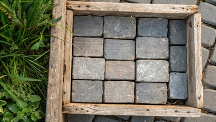 Poster - A closeup highlighting the contrast between the rough texture of the wooden crate and the uniformity of the paving stones within it. The crates weathered edges are framed by a