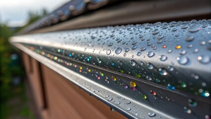 Aufkleber - A closeup look at water droplets beading on a newly coated metal gutter capturing the essence of functionality while presenting an artistic perspective of nature meeting