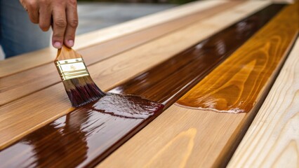 Poster - A closeup of a hand applying a rich stain to the wooden boards showcasing the application process. The deep glossy liquid contrasts beautifully with the raw wood beneath
