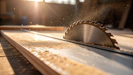 Aufkleber - A closeup of a dustcaked saw blade poised to through a laminate board embodies the industrious spirit of renovation work. Dust particles dance in the sunlight highlighting the