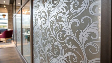 Aufkleber - A closeup of a frosted glass panel reveals an intricate pattern etched into the surface adding a touch of elegance to the partition. Each delicate swirl reflects the surrounding