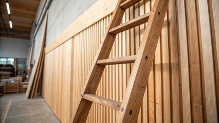 Aufkleber - A closeup of a handcrafted ladder leaning against a wall of vertical plywood sheets emphasizing the artisanal element of the renovation. The ladders raw wood finish complements the