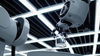Poster - robotic arm performing precision tasks in a modern technology lab at dusk