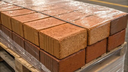 Aufkleber - A closeup of a partially unwrapped section of a brick pallet revealing the raw unpolished surface of the bricks. The contrast between the natural rough brick edges and the smooth