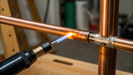 Aufkleber - A closeup of a soldering torch positioned next to a gleaming copper pipes joint capturing the moment of craftsmanship. The flame flickers gently as the soft glow of the heated