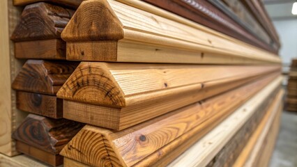 Poster - A closeup of a stack of reclaimed wood trim moldings showcasing their unique knots and grain patterns. The warm tones of the wood invite a sense of warmth and nostalgia emphasizing
