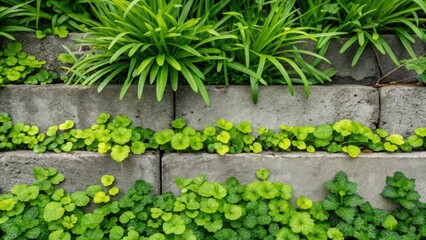 Poster - A closeup of a vibrant green wall garden incorporating salvaged concrete as a sy base for a variety of creeping plants. The contrast between the rough surface of the concrete and