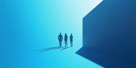 Wall Mural - Three people are walking in front of a blue wall
