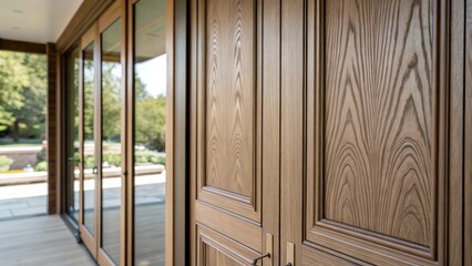 Aufkleber - A closeup of bifold door panels displaying their smooth textured surface with elegant wood grain patterns highlighted by natural light streaming in creating a harmonious blend of