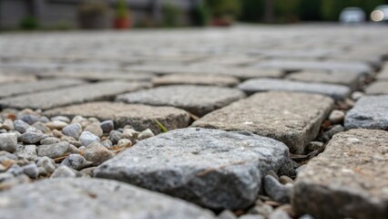 Poster - A closeup of gravel particles resting between interlocking driveway stones emphasizing the supportive role of gravel in creating a solid foundation. Each stones shape is