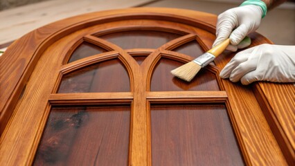 Poster - A closeup of hands applying a protective stain to a newly constructed wooden cat window. The rich color saturates the fibers enhancing the natural beauty of the wood while