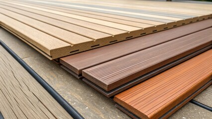 Poster - A closeup of edges from a variety of composite decking boards showcasing their interlocking design and varied finish. The polished surface reflects ambient light beautifully with