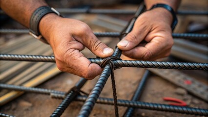 Poster - A closeup of hands expertly tying a bundle of rebar with dark durable twine the focus sharp on the fingers and the textured steel. Surrounding debris and tools can be slightly