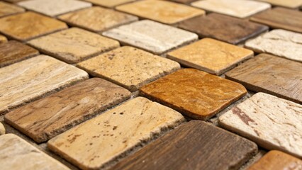Aufkleber - A closeup of mosaic tiles made from natural stone in earthy hues with a focus on the unique ing and textures of each piece. The variation in color and texture adds an artisanal