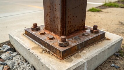 Aufkleber - A closeup of the base of one steel column where it anchors firmly to the ground. The rusted bolts and weathered concrete underneath provide a sense of history while the sleek steel
