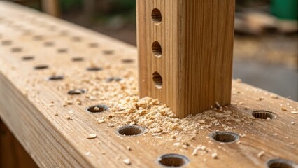 Poster - A closeup of the drill holes in a sy wooden post revealing shavings and fine wood dust tered around. The focus is on the precise alignment of the holes emphasizing their role in