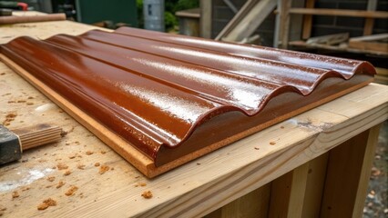Aufkleber - A closeup of the edge of a prepainted roof tile aligned on a rustic wooden workbench where chunks of oak and sawdust linger indicating recent activity. The tiles glossy surface