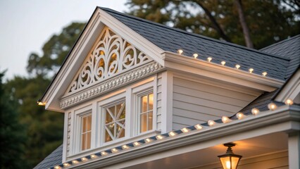 Fototapete - A closeup of the elegant exterior of a prefabricated dormer adorned with decorative elements like trellises and subtle lighting fixtures enhancing its architectural charm. The