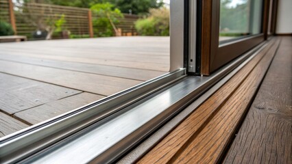Poster - A closeup of the end of a sliding glass door track showing the meticulous joinery where the track connects to the frame. The photo highlights the fine details including the