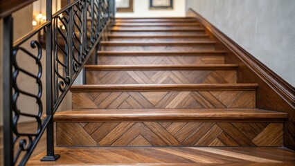 Poster - A closeup of the staircase reveals expertly crafted herringbone wood planks seamlessly blending with a wrought iron railing. The polished surface reflects light highlighting the