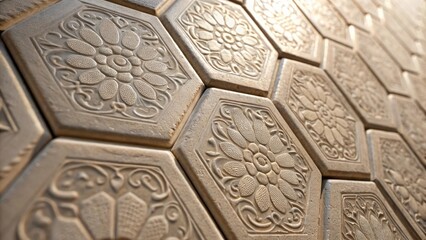 Aufkleber - A closeup of the hexagonal tiles showcases their textured surface embellished with delicate intricate patterns that add depth and character. The interplay of light and shadow