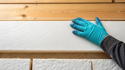 Poster - A closeup of the seam where two sheets of insulation board meet shows a meticulous application of adhesive along the edges with a gloved hand applying pressure to ensure a snug