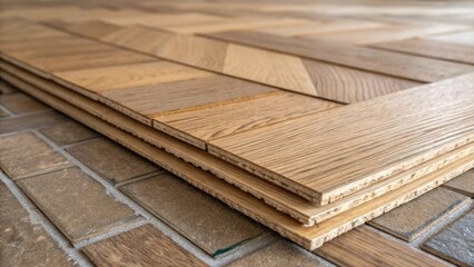 Aufkleber - A closeup of the underside of the engineered wood planks before installation revealing the sy backing that supports the herringbone arrangement. The layers illustrate durability