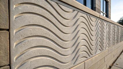 Aufkleber - A closeup on the final textured finish of a precast concrete panel featuring the artistic imprints that resemble flowing waves. The smooth elements contrast with the rough edges