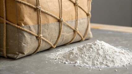 Poster - A closeup on the strings of a cement bag as they are being untied revealing a cascade of powder gently spilling onto a work surface. The polished surface of the portable mixer