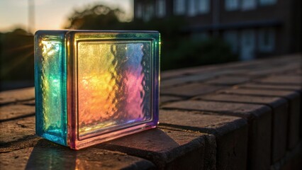 Poster - A closeup revealing the surface detail of a colored glass block illuminated by evening light. The blocks unique hue reflects its surroundings creating a mesmerizing aura that
