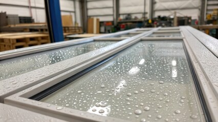 Poster - A closeup reveals the details of the shower doors sparkling clean with water droplets still lingering from recent testing. Each panel reflects the workshops industrial elements