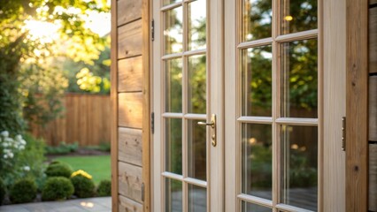 Poster - A closeup reveals the elegant glass panes of French doors showcasing reflections of a sundappled garden in soft focus. The sunlight enhances the clarity of the panes making them