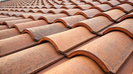 Poster - A closeup reveals the interlocking design of the clay roof tiles showcasing the craftsmanship involved in their installation. The slight variations in color and shape add character