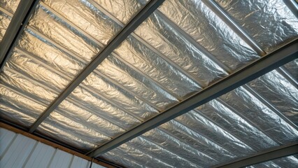 Poster - A closeup reveals the intricate texture of the radiant barrier insulation showcasing its crinkled metallic layer that captures the surrounding light. The metal frame supports the