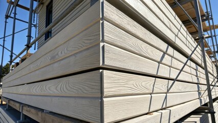 Aufkleber - A closeup reveals the intricate detailing of the fiber cement siding with clean lines and a subtle grain pattern. The panels stacked at various angles on the scaffolding create a