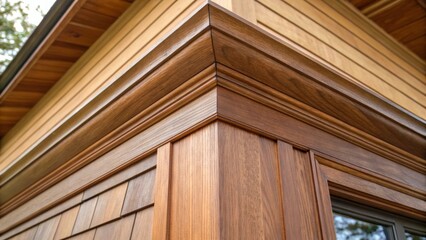 Aufkleber - A closeup reveals the intricate joinery where the prestained wood siding meets the trim work. The clear protective finish enhances the natural colors of the wood while the precise