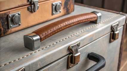 Aufkleber - A closeup shot focused on the exquisite texture of leatherwrapped door handles p beside a vintage toolbox. The tactile contrast between the soft leather and the rugged metal hints