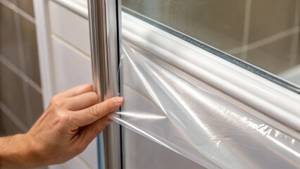 Poster - A closeup shot of a hand delicately applying the protective film onto a newly crafted shower enclosure ensuring there are no bubbles or creases. The image captures the texture of