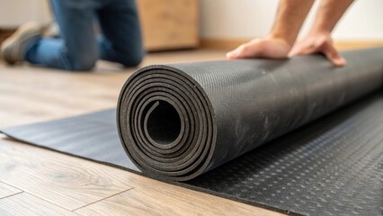 Aufkleber - A closeup shot highlights the lightweight nature of the rolled rubber underlayment as it is easily handled by a renovation expert. The materials flexibility allows for seamless