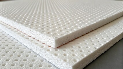 Poster - A closeup shot of a single foam insulation sheet slightly lifted revealing the intricate dotted texture on its underside. The edges are crisp and clean emphasizing the precision