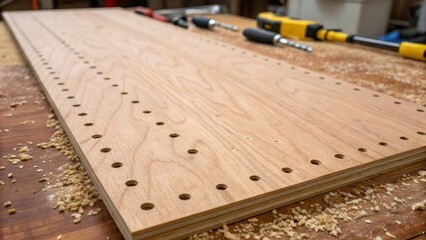 Poster - A closeup shot of a plywood sheet laid flat revealing a series of perfectly aligned predrilled holes along the edges with some sequined wood shavings tered around. The rich amber