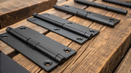 Aufkleber - A closeup view of an array of modern door hinges featuring sleek lines and a contemporary matte black finish is spread across a reclaimed wood surface. The rustic texture of the