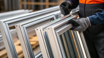 Aufkleber - A closeup view of multiple aluminum window frames leaning against each other showcasing the precision engineering of the corners and joints with a construction workers gloved hand