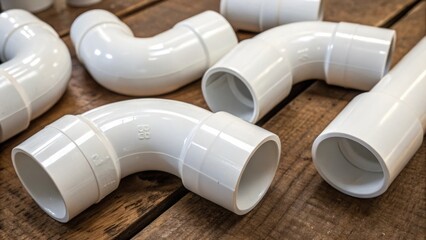 Poster - A closeup view of various PVC elbows and Tjoints featuring the smooth curvature of the fittings where they will join the straight segments. The contrast between the glossy white