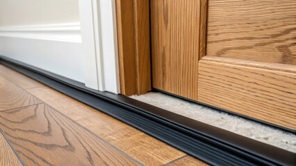 Poster - A closeup view of newly applied weather stripping tape neatly positioned along the bottom edge of a door frame. The smooth black rubber contrasts with the natural wood grain