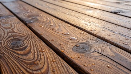 Aufkleber - A closeup view of textured wooden surfaces the planks displaying swirls and knots that tell the story of their origin. The drying process is evident as droplets of varnish glisten