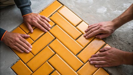 Poster - A closeup view of two workers hands carefully placing tiles in a herringbone layout with a focus on the precision involved in aligning the edges. The vibrant glossy finish of the