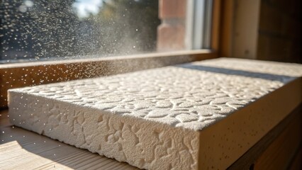 Aufkleber - A closeup view of the textured surface of a rigid foam insulation board revealing its intricate patterns and varying thicknesses. Dust particles dance in the beam of light from a